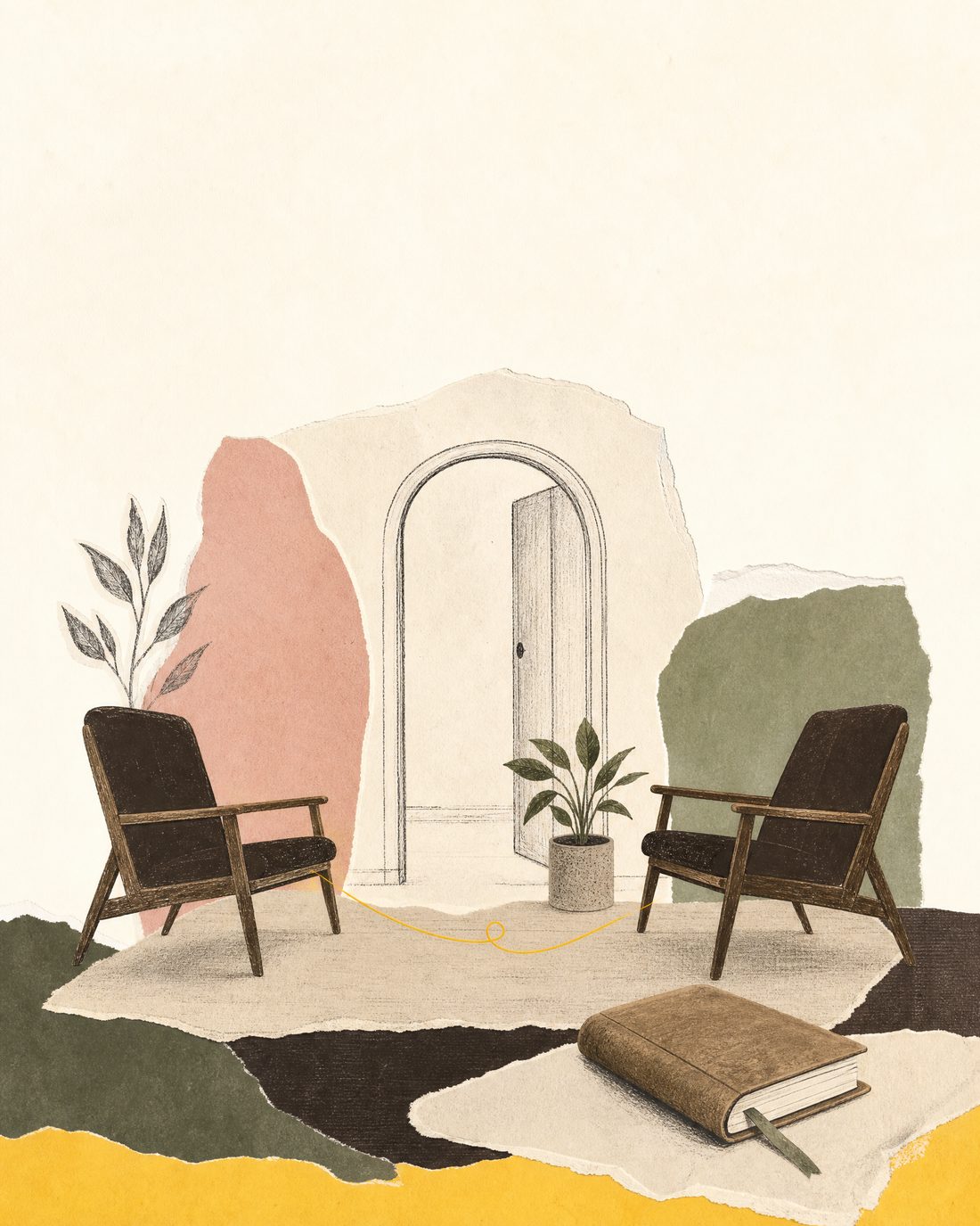Collage of two chairs facing an open doorway